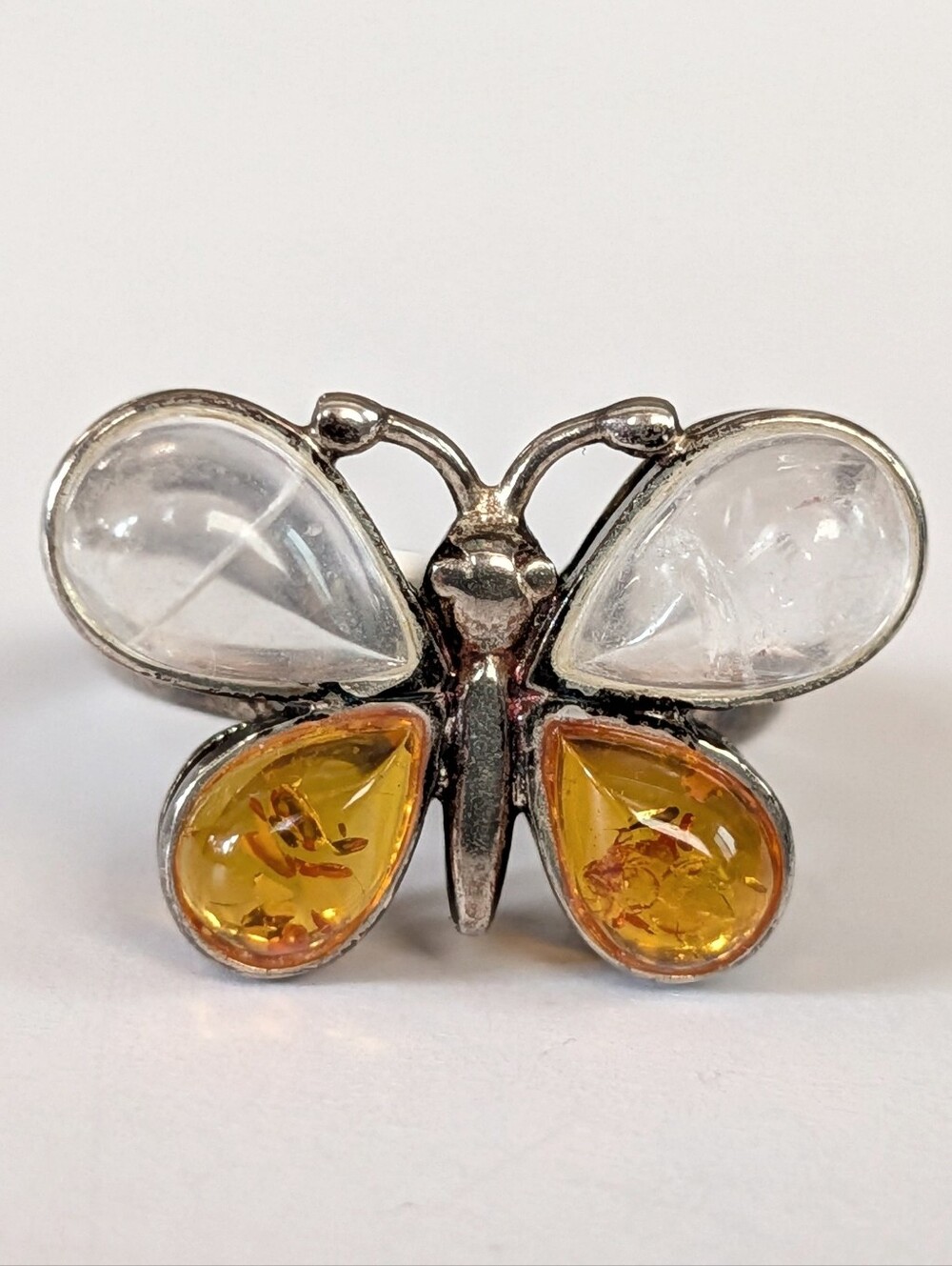 Vintage Sterling Silver Quartz & Amber Gemstone Butterfly Ring- Size 6